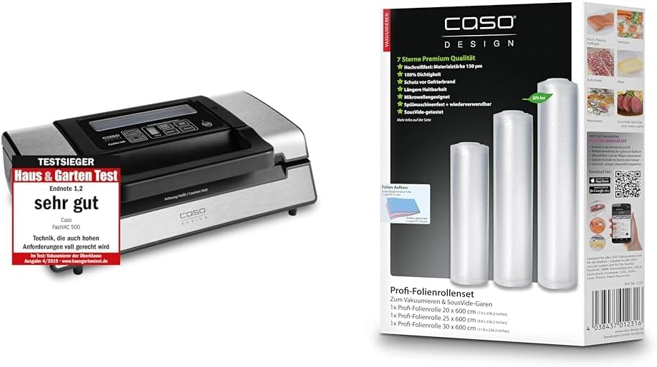 Caso FastVac 500, Professional Commercial Vacuum Sealer, Stainless Steel, Double Piston Pump, 15 Litres/Minute, Includes 2 Free Foil Rolls