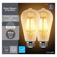Load image into Gallery viewer, Better Homes &amp; Gardens ST19 Vintage LED Light Bulb, 40 Watt Eqv, Dim, Soft White, Clear Finish - 2 Pk 41549
