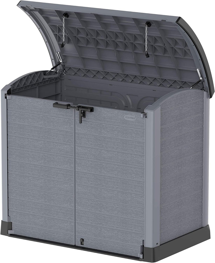 Duramax StoreAway 1200L Plastic Garden Shed/ Flat Lid, Outdoor Storage Shed, Wheelie Bin Hideaways, Wheelie bin box, Durable Construction, Ideal for Bikes, BBQs & 2x 240L Bins, 145x85x125 cm, Brown