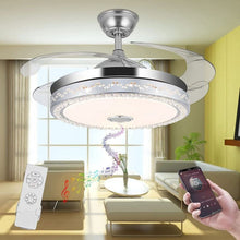 Load image into Gallery viewer, 42"invisible Chandelier Ceiling Fan with Light and Bluetooth Speaker, Modern 3 Color Change Crystal Ceiling Fan Light with Remote Control 4 Retractable ABS Blades