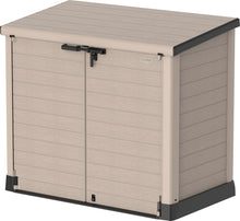 Load image into Gallery viewer, Duramax StoreAway 1200L Plastic Garden Shed/ Flat Lid, Outdoor Storage Shed, Wheelie Bin Hideaways, Wheelie bin box, Durable Construction, Ideal for Bikes, BBQs &amp; 2x 240L Bins, 145x85x125 cm, Brown