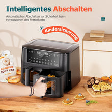 Load image into Gallery viewer, 9L Dual Zone Air Fryer avec Fenêtre de Visualisation, Friteuse sans Huile avec 2 Tiroir, 9-in-1 Programmes de Cuisson, Écran Tactile, Fonction Rendez-vous, Faible en Grasses, Va au Lave-vaisselle