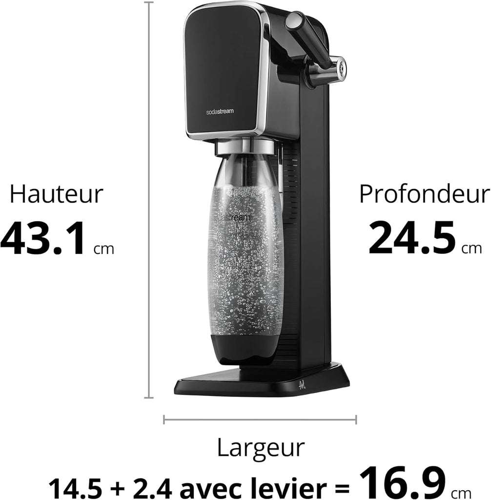 SodaStream ART Sparkling Water and Soda Machine | Pack of 1 Bottle 1 L + 1 Bottle 0.5 L Dishwasher Safe + 1 60L Gas Refill Clip On | Black [Amazon Exclusive]