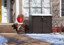 Load image into Gallery viewer, Duramax StoreAway 1200L Plastic Garden Shed/ Flat Lid, Outdoor Storage Shed, Wheelie Bin Hideaways, Wheelie bin box, Durable Construction, Ideal for Bikes, BBQs &amp; 2x 240L Bins, 145x85x125 cm, Brown
