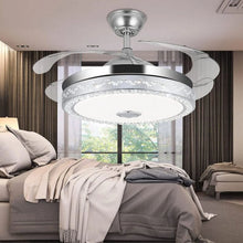 Load image into Gallery viewer, 42"invisible Chandelier Ceiling Fan with Light and Bluetooth Speaker, Modern 3 Color Change Crystal Ceiling Fan Light with Remote Control 4 Retractable ABS Blades