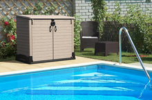 Load image into Gallery viewer, Duramax StoreAway 1200L Plastic Garden Shed/ Flat Lid, Outdoor Storage Shed, Wheelie Bin Hideaways, Wheelie bin box, Durable Construction, Ideal for Bikes, BBQs &amp; 2x 240L Bins, 145x85x125 cm, Brown