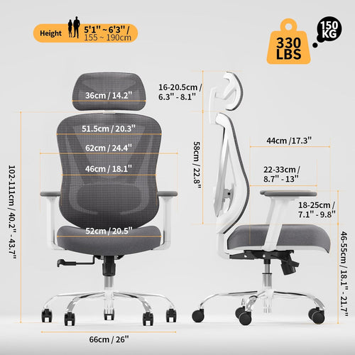 HOLLUDLE Chaise de Bureau Ergonomique avec Support Lombaire 3D & accoudoirs 3D réglables – Design en V du Dos, Fauteuil de Bureau Confortable pour Bureau et Maison, Blanc