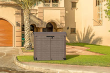 Load image into Gallery viewer, Duramax StoreAway 1200L Plastic Garden Shed/ Flat Lid, Outdoor Storage Shed, Wheelie Bin Hideaways, Wheelie bin box, Durable Construction, Ideal for Bikes, BBQs &amp; 2x 240L Bins, 145x85x125 cm, Brown