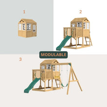 Load image into Gallery viewer, Aire de jeux enfant Montessori - 3 en 1 Balançoire, Toboggan, Cabane en bois modulable