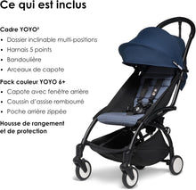 Load image into Gallery viewer, Poussette BABYZEN YOYO2 6+ (Cadre noir + pack couleur Aqua) - Comprend un harnais, un dossier, des arceaux de capote, une bandoulière, un coussin d’assise, et une capote assortie
