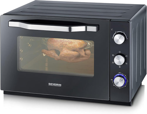 SEVERIN Mini-Four à chaleur tournante 42 L avec pierre à pizza et tournebroche, Four posable 1 800 W design élégant, électrique avec minuteur 120 min, Noir/Inox, TO 2058
