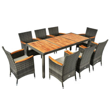 Load image into Gallery viewer, Salon de Jardin avec 1 Table et 8 Chaises en Bois et Rotin Synthétique Anti-UV Pieds Réglables et Coussins Imperméables Inclus