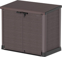 Load image into Gallery viewer, Duramax StoreAway 1200L Plastic Garden Shed/ Flat Lid, Outdoor Storage Shed, Wheelie Bin Hideaways, Wheelie bin box, Durable Construction, Ideal for Bikes, BBQs &amp; 2x 240L Bins, 145x85x125 cm, Brown