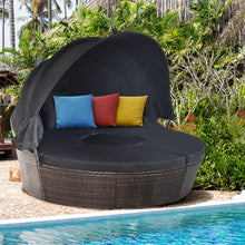 Load image into Gallery viewer, Lit de Jardin Rond d'Exterieur Table Relevable Modulable &amp; Convertible - Pare Soleil Réglable rotin PE Coussins Inclus Noir