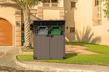 Load image into Gallery viewer, Duramax StoreAway 1200L Plastic Garden Shed/ Flat Lid, Outdoor Storage Shed, Wheelie Bin Hideaways, Wheelie bin box, Durable Construction, Ideal for Bikes, BBQs &amp; 2x 240L Bins, 145x85x125 cm, Brown