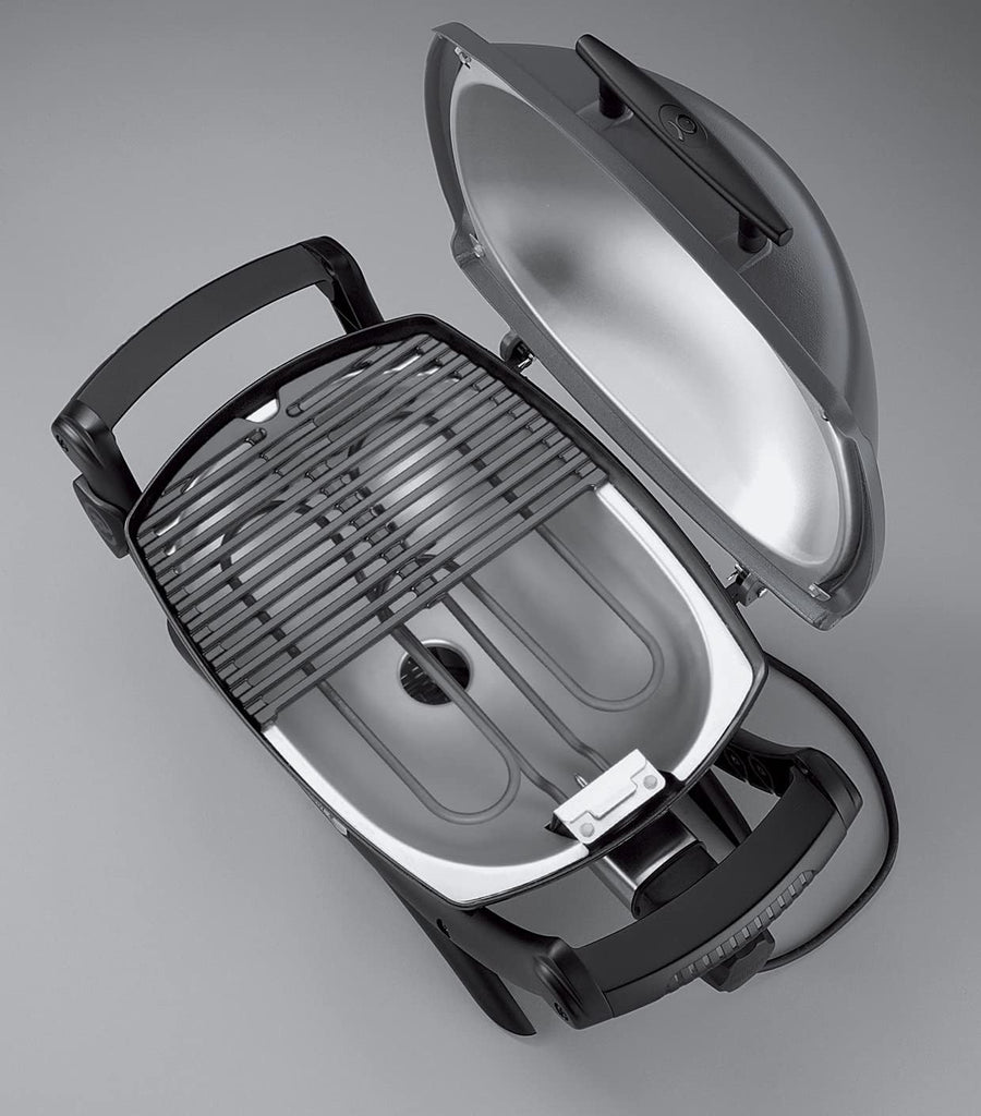 Weber Q1400 Barbecue électrique avec support, surface de cuisson 43 x 32 cm, nomade, grille en fonte émaillée divisée en 2 parties, couvercle et cuve en fonte d'aluminium - Gris foncé (52020853)
