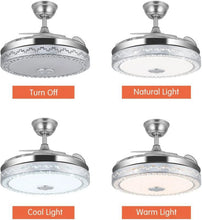 Load image into Gallery viewer, 42"invisible Chandelier Ceiling Fan with Light and Bluetooth Speaker, Modern 3 Color Change Crystal Ceiling Fan Light with Remote Control 4 Retractable ABS Blades