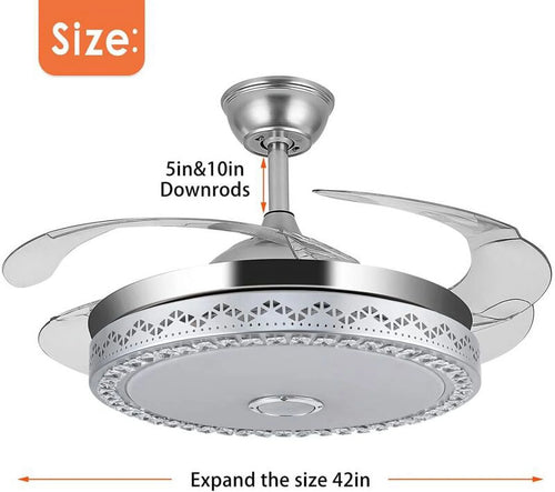42"invisible Chandelier Ceiling Fan with Light and Bluetooth Speaker, Modern 3 Color Change Crystal Ceiling Fan Light with Remote Control 4 Retractable ABS Blades