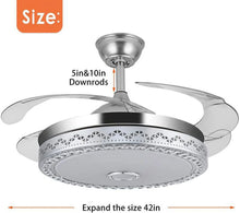 Load image into Gallery viewer, 42"invisible Chandelier Ceiling Fan with Light and Bluetooth Speaker, Modern 3 Color Change Crystal Ceiling Fan Light with Remote Control 4 Retractable ABS Blades