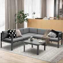 Load image into Gallery viewer, Salon de Jardin Extérieur avec Table Basse en Verre Trempé Canapéavec Dossier Inclinable à 6 Niveaux Coussins Inclus Gris