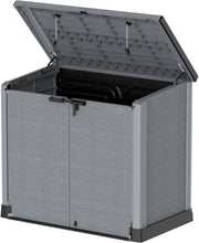 Load image into Gallery viewer, Duramax StoreAway 1200L Plastic Garden Shed/ Flat Lid, Outdoor Storage Shed, Wheelie Bin Hideaways, Wheelie bin box, Durable Construction, Ideal for Bikes, BBQs &amp; 2x 240L Bins, 145x85x125 cm, Brown
