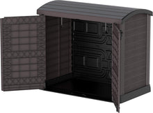 Load image into Gallery viewer, Duramax StoreAway 1200L Plastic Garden Shed/ Flat Lid, Outdoor Storage Shed, Wheelie Bin Hideaways, Wheelie bin box, Durable Construction, Ideal for Bikes, BBQs &amp; 2x 240L Bins, 145x85x125 cm, Brown