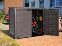Load image into Gallery viewer, Duramax StoreAway 1200L Plastic Garden Shed/ Flat Lid, Outdoor Storage Shed, Wheelie Bin Hideaways, Wheelie bin box, Durable Construction, Ideal for Bikes, BBQs &amp; 2x 240L Bins, 145x85x125 cm, Brown