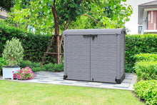 Load image into Gallery viewer, Duramax StoreAway 1200L Plastic Garden Shed/ Flat Lid, Outdoor Storage Shed, Wheelie Bin Hideaways, Wheelie bin box, Durable Construction, Ideal for Bikes, BBQs &amp; 2x 240L Bins, 145x85x125 cm, Brown
