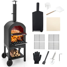 Load image into Gallery viewer, Four à Pizza Extérieur au Charbon avec Pelle à Pizza Pierre à Pizza Housse Étanche Cheminée et Thermomètre Double Noir -