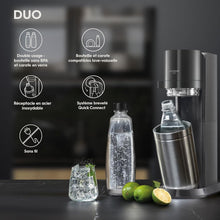 Load image into Gallery viewer, SodaStream Duo Sparkling Water Machine for Glass Jug | Pack of 2 Glass Jugs 1L + 1 Bottle 1L Dishwasher Safe + 1 60L Gas Refill Clip On | Black [Amazon Exclusive]