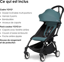 Load image into Gallery viewer, Poussette BABYZEN YOYO2 6+ (Cadre noir + pack couleur Aqua) - Comprend un harnais, un dossier, des arceaux de capote, une bandoulière, un coussin d’assise, et une capote assortie