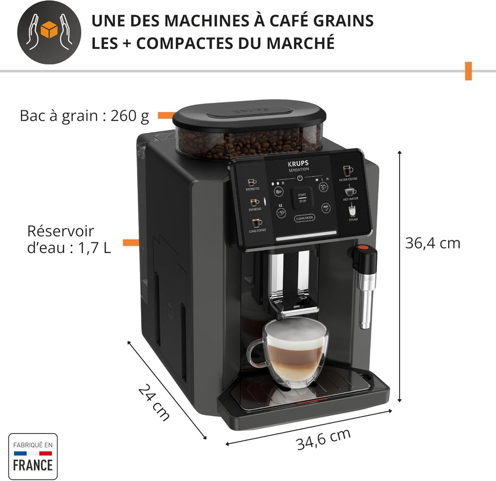 Krups Sensation C50, Machine à café grains, machine expresso, 5 boissons accès direct, Interface tactile, Facile à utiliser, Nettoyage automatique, Buse vapeur Cappuccino, Fabriqué en France EA910810