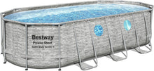 Load image into Gallery viewer, Bestway 56946 Piscine Power Steel™ Swim Vista ovale 488 x 305 x 107 cm motif rotin avec hublots, filtration à sable, échelle, bâche et diffuseur Chemconnect™