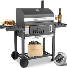 Load image into Gallery viewer, Barbecue Charbon de Bois XL, Chariot à Barbecue, Grill XL à Charbon avec Couvercle, Roues et Thermomètre, Réglable en Hauteur, Grand Barbecue au Charbon de Bois, pour Camping et Jardin, Noir