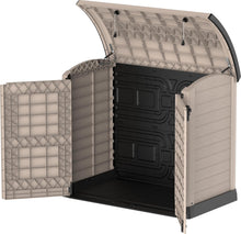 Load image into Gallery viewer, Duramax StoreAway 1200L Plastic Garden Shed/ Flat Lid, Outdoor Storage Shed, Wheelie Bin Hideaways, Wheelie bin box, Durable Construction, Ideal for Bikes, BBQs &amp; 2x 240L Bins, 145x85x125 cm, Brown
