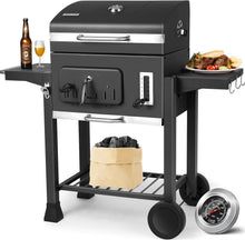 Load image into Gallery viewer, Barbecue Charbon de Bois XL, Chariot à Barbecue, Grill XL à Charbon avec Couvercle, Roues et Thermomètre, Réglable en Hauteur, Grand Barbecue au Charbon de Bois, pour Camping et Jardin, Noir