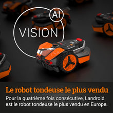 Load image into Gallery viewer, WORX LANDROID Vision WR206E.1, Robot Tondeuse sans Fil périphérique 600 m² Surf.Max 700 m², Installation en 30 Min, Caméra 4K + IA Adaptative, évite Tous Les Obstacles, Coupe des Bordures, Multizone