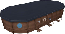 Load image into Gallery viewer, Bestway 56946 Piscine Power Steel™ Swim Vista ovale 488 x 305 x 107 cm motif rotin avec hublots, filtration à sable, échelle, bâche et diffuseur Chemconnect™