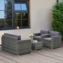 Load image into Gallery viewer, Ensemble de meubles de patio 4 pièces, canapé en osier de rotin, ensemble de luxe pour extérieur, ensemble de meubles de jardin avec coussins pour porche, jardin, balcon au bord de la piscine, gris