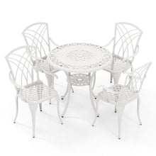 Load image into Gallery viewer, 5 Pcs Salon de Jardin en Fonte d'Aluminium Trou pour Parasol Repose-pieds Réglables Ensemble de Table Ronde et 4 Chaises Blanc