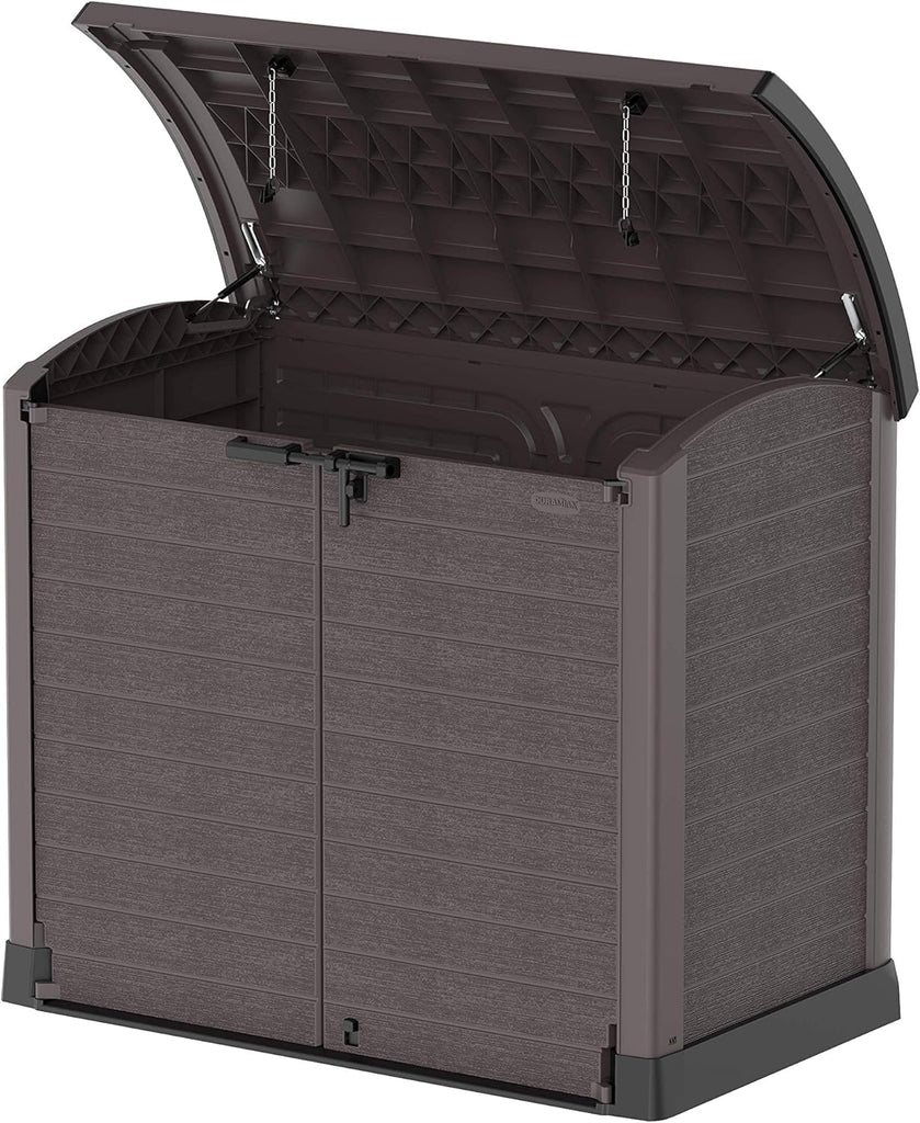 Duramax StoreAway 1200L Plastic Garden Shed/ Flat Lid, Outdoor Storage Shed, Wheelie Bin Hideaways, Wheelie bin box, Durable Construction, Ideal for Bikes, BBQs & 2x 240L Bins, 145x85x125 cm, Brown