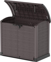 Load image into Gallery viewer, Duramax StoreAway 1200L Plastic Garden Shed/ Flat Lid, Outdoor Storage Shed, Wheelie Bin Hideaways, Wheelie bin box, Durable Construction, Ideal for Bikes, BBQs &amp; 2x 240L Bins, 145x85x125 cm, Brown