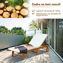 Load image into Gallery viewer, Chaise Longue Pliable en Bois avec 2 Roues et un Coussin Amovible Dossier Réglable Capacité Portante 160KG Idéal pour L’extérieur