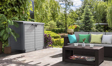 Load image into Gallery viewer, Duramax StoreAway 1200L Plastic Garden Shed/ Flat Lid, Outdoor Storage Shed, Wheelie Bin Hideaways, Wheelie bin box, Durable Construction, Ideal for Bikes, BBQs &amp; 2x 240L Bins, 145x85x125 cm, Brown