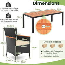 Load image into Gallery viewer, Salon de Jardin en Rotin 9 Pièces Plateau de Table en Acacia Ensemble de Salle à Manger avec Coussins Amovibles Trou Charge 180KG Beige+Noir