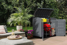 Load image into Gallery viewer, Duramax StoreAway 1200L Plastic Garden Shed/ Flat Lid, Outdoor Storage Shed, Wheelie Bin Hideaways, Wheelie bin box, Durable Construction, Ideal for Bikes, BBQs &amp; 2x 240L Bins, 145x85x125 cm, Brown