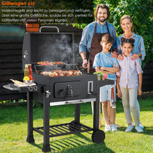 Load image into Gallery viewer, Barbecue Charbon de Bois XL, Chariot à Barbecue, Grill XL à Charbon avec Couvercle, Roues et Thermomètre, Réglable en Hauteur, Grand Barbecue au Charbon de Bois, pour Camping et Jardin, Noir