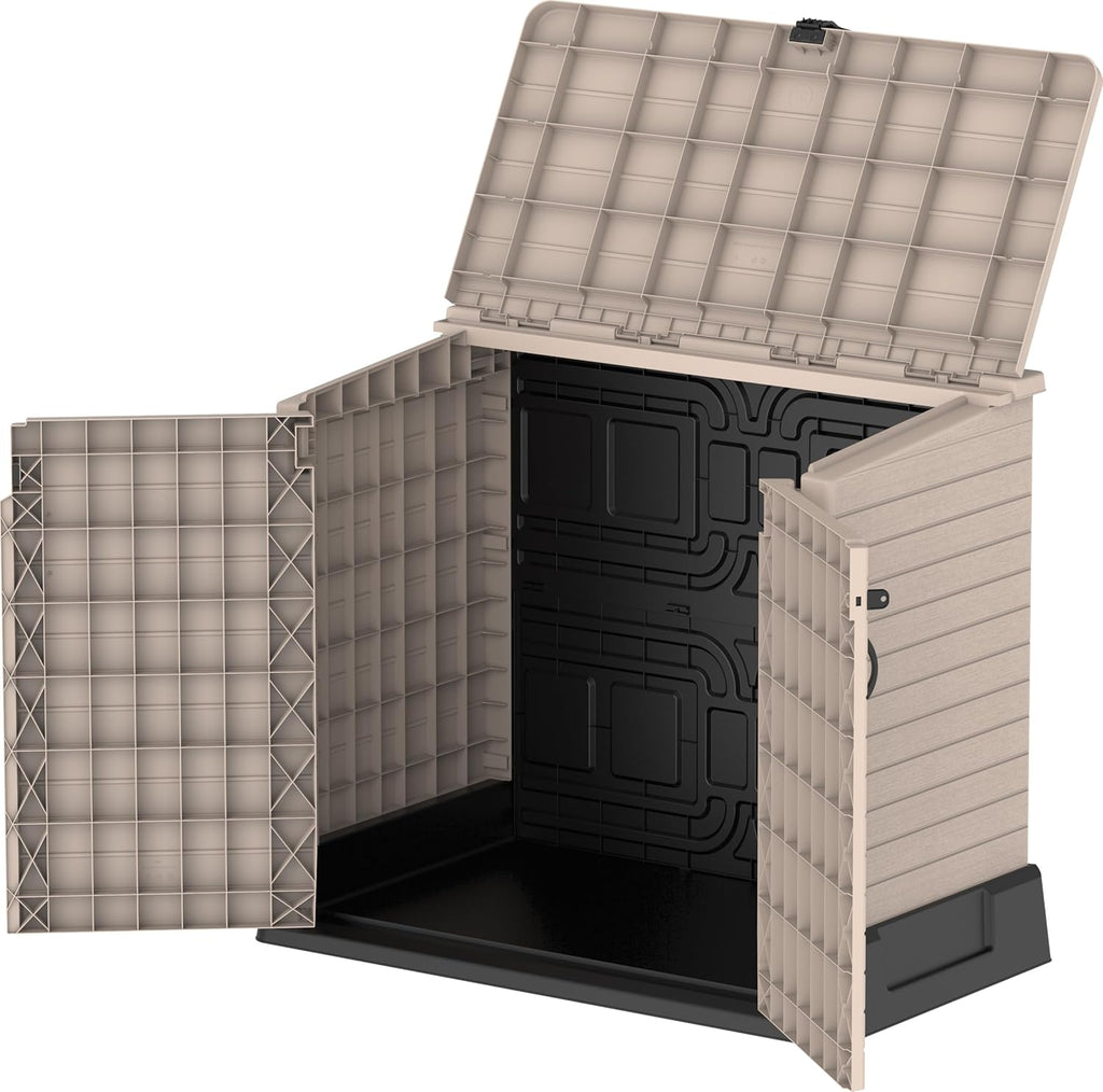 Duramax StoreAway 1200L Plastic Garden Shed/ Flat Lid, Outdoor Storage Shed, Wheelie Bin Hideaways, Wheelie bin box, Durable Construction, Ideal for Bikes, BBQs & 2x 240L Bins, 145x85x125 cm, Brown